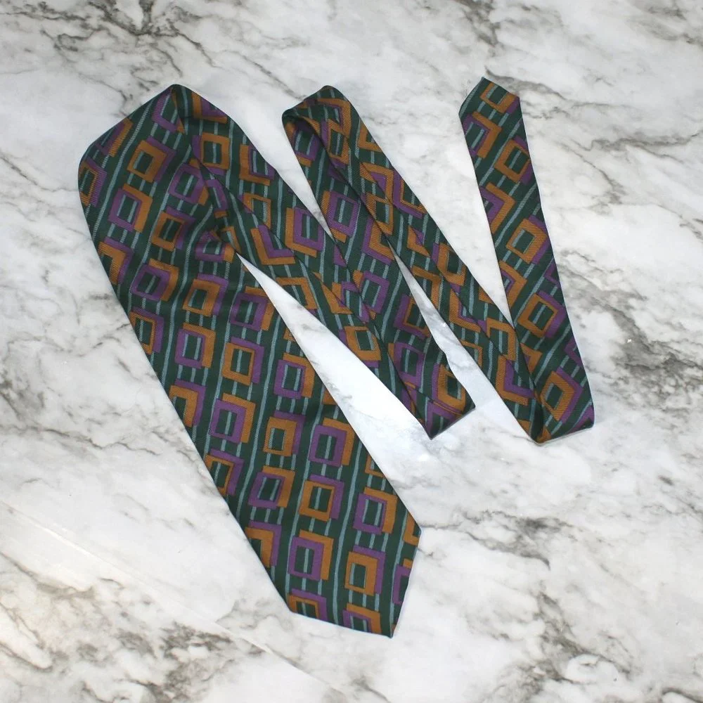 KENNETH COLE Necktie Retro Abstract Geometric Green Purple Stripe Silk Neck Tie